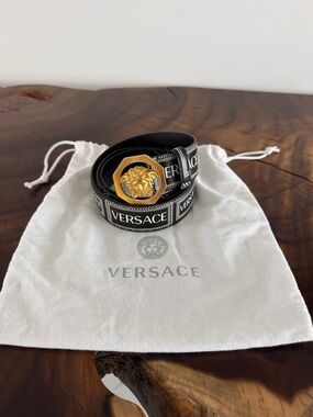 Versace Black Leather Logo Strap Belt with Gold Medusa Buckle